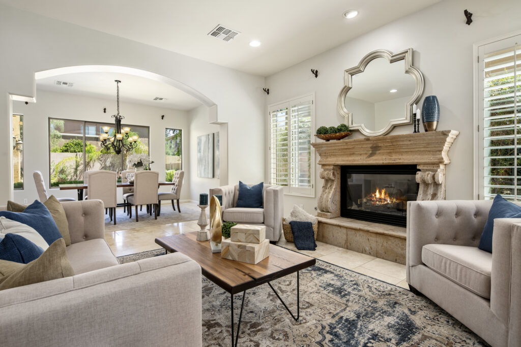 Beautiful living room with fireplace and seating area